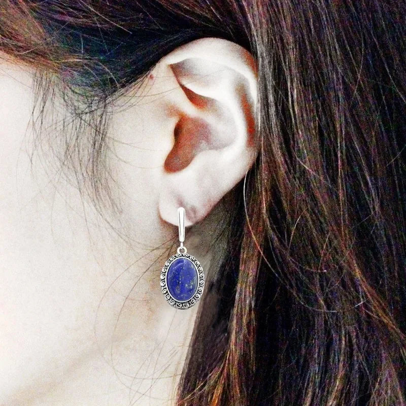 Natural Lapis Lazuli Earrings Snail Flower Pendant For Women Vintage Antique Silver Plated Fashion Jewelry Anniversary Gift - Charlie Dolly