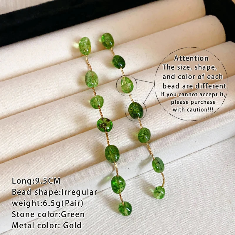 تصميم مستوحى من الخرز الحجري الطبيعي الأخضر المقلّد، سلسلة ذهبية اللون، أقراط طويلة بشرابة للنساء، إكسسوارات مجوهرات عصرية