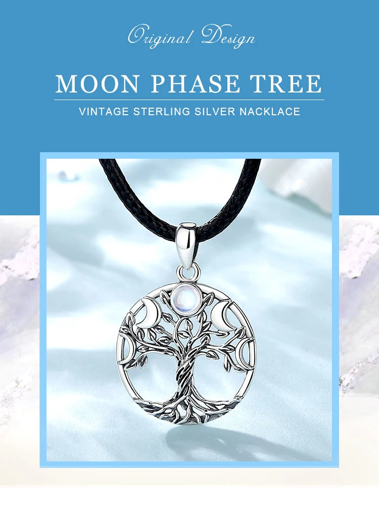 S925 Sterling Silver Tree of Life Moon Phase Necklace, Triple Moon Goddess Moonstone Amulet