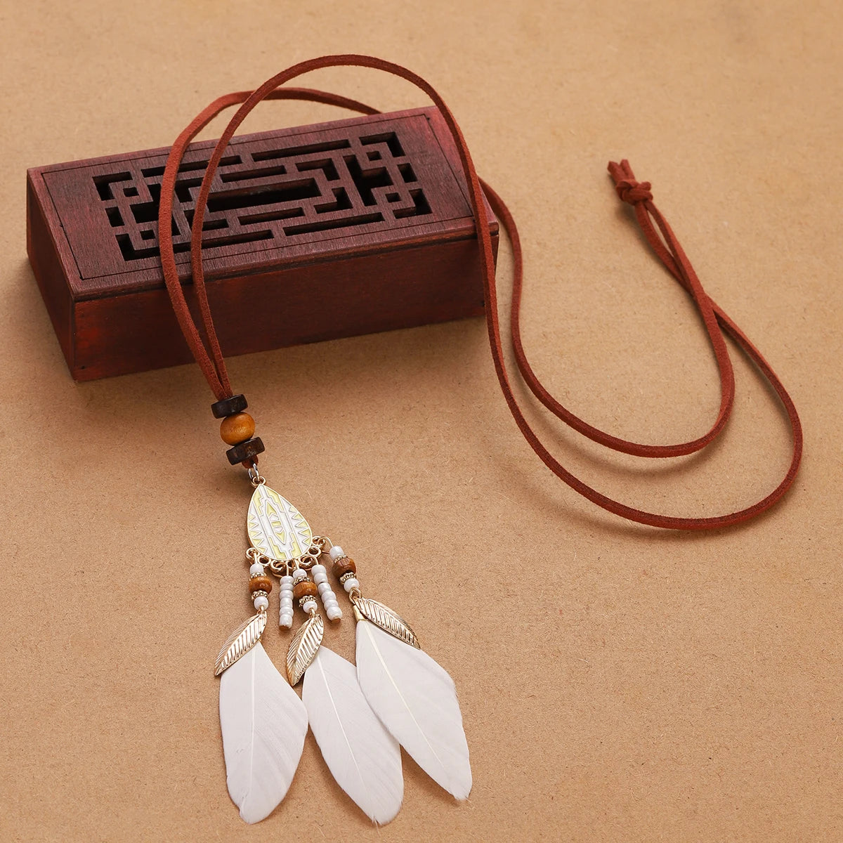 Rope Bead Feather Pendant Long Necklace Jewelry