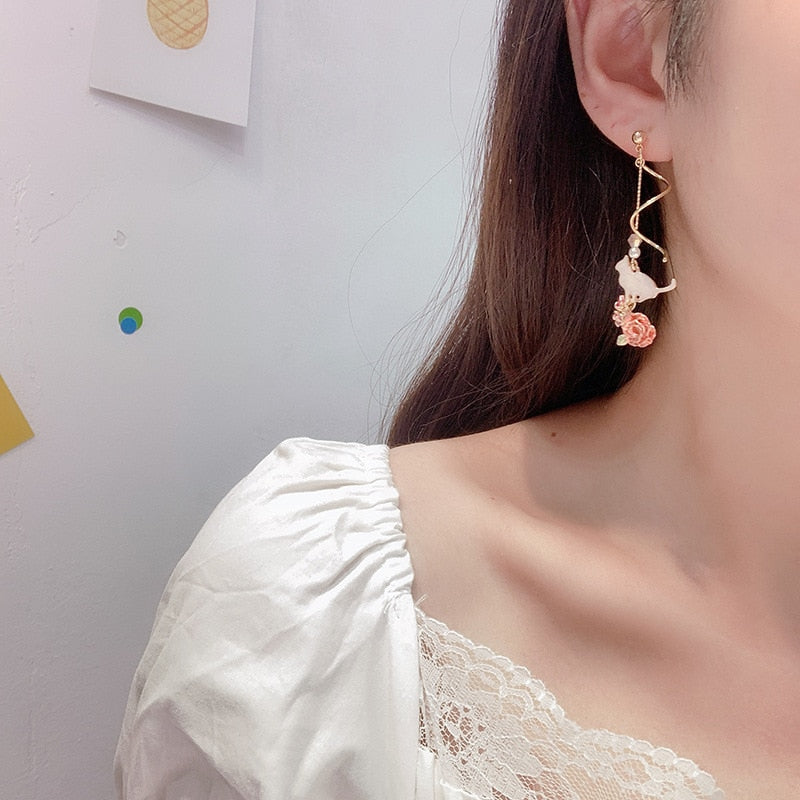 Korean Style Flower Asymmetrical Dangle Earrings for Women Shiny Rhinestone Long Tassel Cute Cat Earring Sweet Jewelry - Charlie Dolly