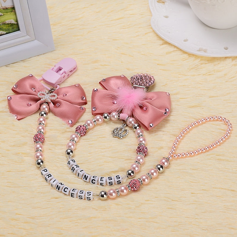 Personalised-any name set stunning pink bling pram charm/stroller toy Rattles bed toy rattle pacifier clip holder dummy clip