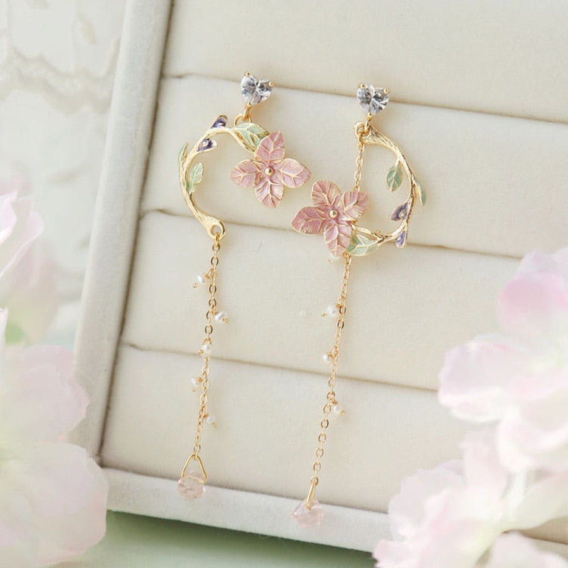 Korean Style Flower Asymmetrical Dangle Earrings for Women Shiny Rhinestone Long Tassel Cute Cat Earring Sweet Jewelry - Charlie Dolly