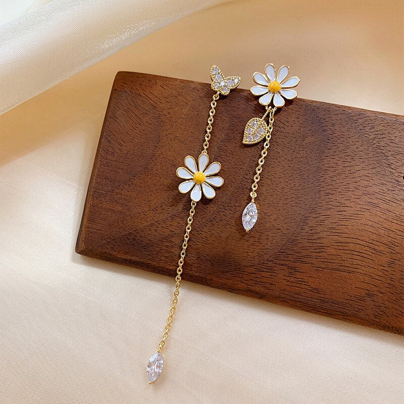 Korean Style Flower Asymmetrical Dangle Earrings for Women Shiny Rhinestone Long Tassel Cute Cat Earring Sweet Jewelry - Charlie Dolly