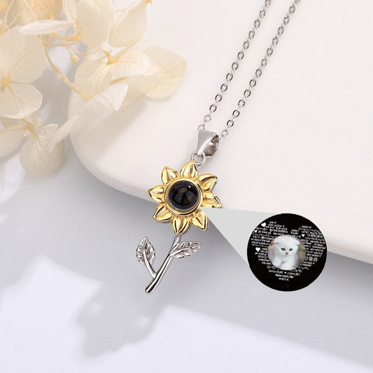 925 Silver Personalized Photo Projection Necklace Gold Petal Sunflower Flower Pendant Customized Photo Jewelry For Women - Charlie Dolly