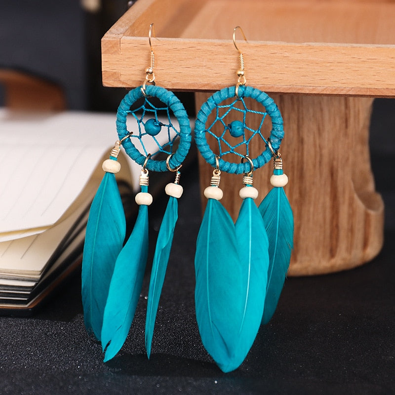 Bohemian Hollow Dream Catcher Leaf Feather Earrings For Women