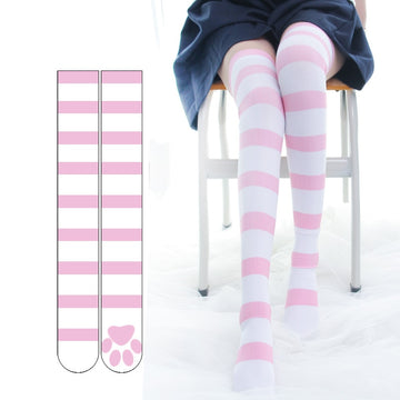 Cosplay Over Knee Socks Pink Strip Kawaii Cat Paw Print Stockings Lolita Gothic Velvet Overknee Thigh High Long Stockings - Charlie Dolly