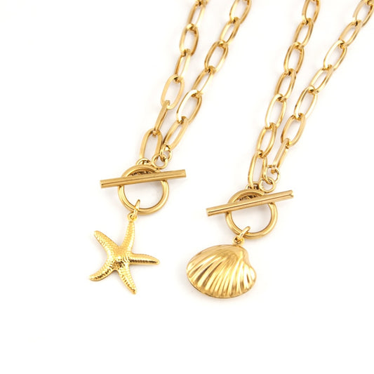 WOMEN CHOKER Shell NECKLACE Seashell Starfish pendant Stainless steel Toggle Clasp Cable Chain collares Collier gift - Charlie Dolly