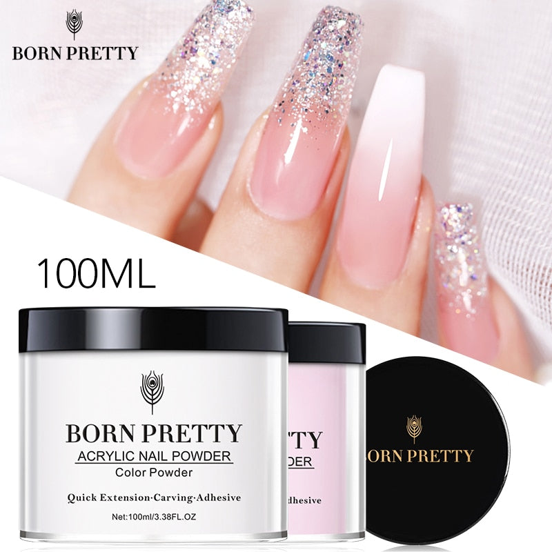 BORN PRETTY 100ml Acrylic Nail Powder Clear Pink White Professional Carving Crystal Polymer for Nail Tips Extenstion Nails Set