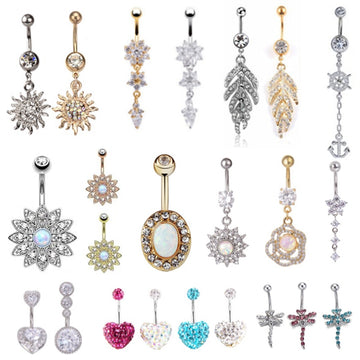 1PCS Flower Dangling Navel Belly Button Piercing Ring Bent Barbells Opal Belly Chain Jewelry Stainless Steel Women Body Jewelry - Charlie Dolly