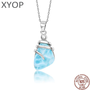 Shell Design 925 Sterling Silver Jewelry Gifts Classic Retro Precious Natural Larimar Pendant Necklace - Charlie Dolly