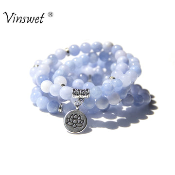 108 Mala Aquamarines with Lotus OM Buddha Charm Yoga Bracelet or Necklace for Me Women Blue Natural Stone Jewelry Dropshipping - Charlie Dolly