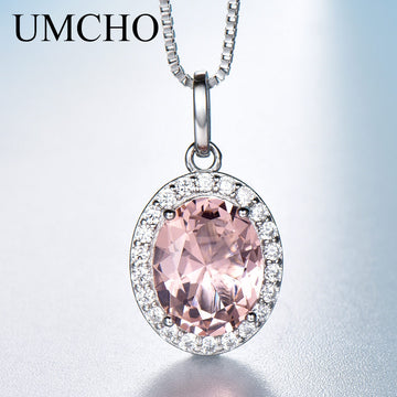 UMCHO Luxury Pink Sapphire Morganite Pendant For Women Real 925 Sterling Silver Necklaces Link Chain Jewelry Engagement Gift New - Charlie Dolly