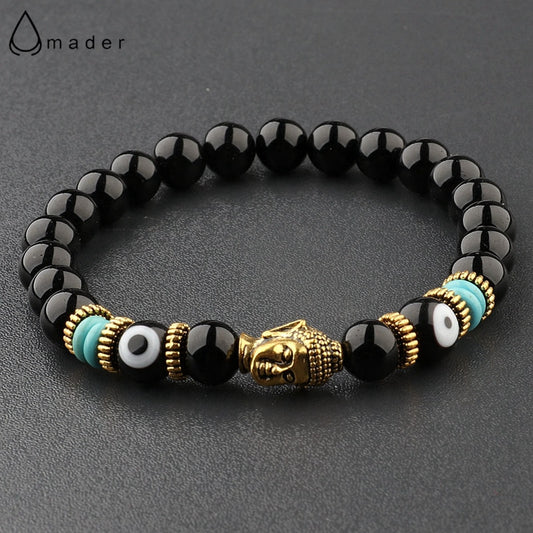 Charm Buddha&amp;Evil Eye Bracelet Women 8mm Elastic Round Bright Black Stone Chakra Bracelets Men Erkek Bileklik Homme - Charlie Dolly