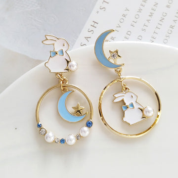Cute Fashion Asymmetric Cat Rabbit Moon Star Stud Earrings For Women Girls Fan Flower Heart Fish Eardrop Wedding Dangle Jewelry - Charlie Dolly