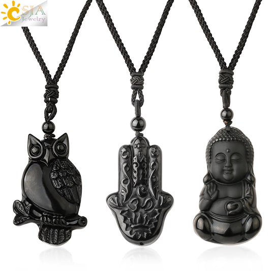 CSJA Obsidian Necklace Natural Stone Wolf Buddha Sculpture Tree of Life Animal Owl Men Necklaces Pendant Meditation Jewelry G644 - Charlie Dolly