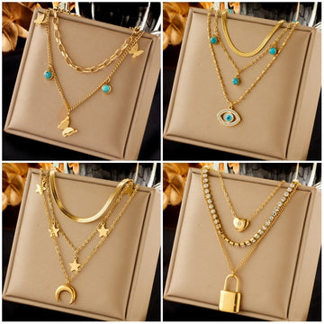 DIEYURO 316L Stainless Steel Butterfly Moon Lock Blue Eyes Pendant Necklace For Women Multilayer Choker Chain Jewelry Gifts - Charlie Dolly