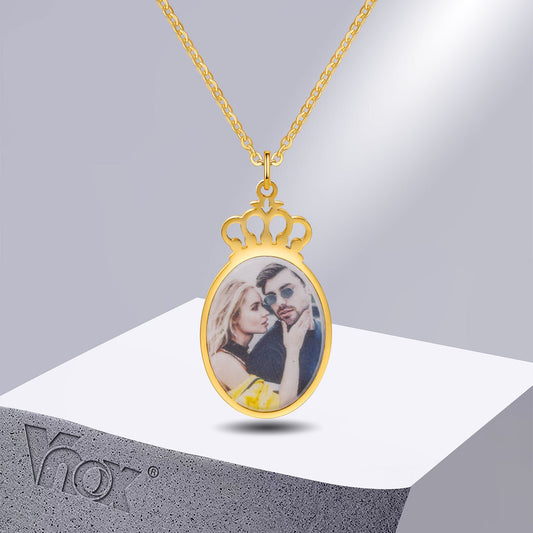 Vnox Free Personalize Photo Crown Necklaces for Women,Custom Picture Image Words Info, Stainless Steel Pendant Collar Gift - Charlie Dolly