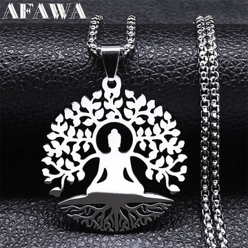 Buddhism Meditation Buddha Yoga Pendant Necklace Stainless Steel Tree of Life Necklace Buddhist Jewelry collares para mujer - Charlie Dolly