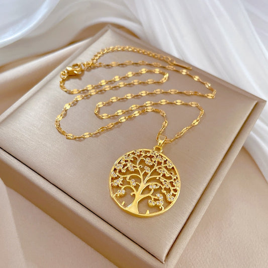 Luxury Tree of Life Zircon Necklace for Women Gold-plated Charm Big Tree Stainless Steel Pendant Jewelry Lucky Accessories Gift - Charlie Dolly