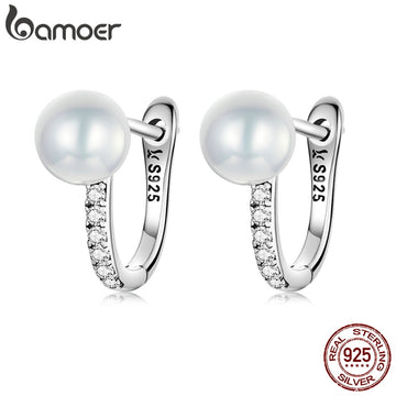 bamoer Luxury 925 Sterling Silver Pearls Ear Buckle Simple Crystal Heart Star Stud Earrings for Women Wedding Jewelry Gift - Charlie Dolly