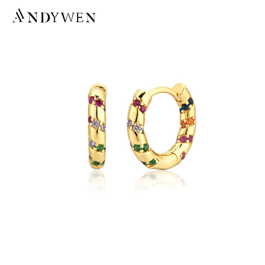 Andywen 100% 925 Sterling Silver Colorful Rainbow Clips Hoops Earring Huggies Middle 8mm Piercing Pendiente Women Circle Jewelry - Charlie Dolly