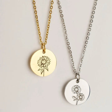 Personalized Sunflower Necklace Girlfriend Jewelry Gift Dainty Disc Engraved Birth Flower Pendant Necklaces - Charlie Dolly