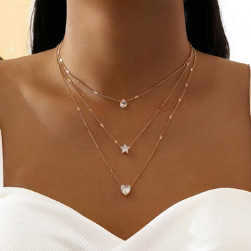 Crystal Zircon Heart Star Charm Layered Pendant Necklace Set for Women Charms Fashion Square Rhinestone Female Vintage Jewelry - Charlie Dolly
