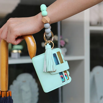 Wood Silicone Beaded Bangle Bracelets Key Rings Card Holder Wallets Leather Tassel Keychains For Women Fashion Accessories - Charlie Dolly
