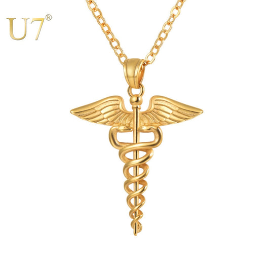 U7 Caduceus Pendants Necklace Medical Symbol Nurse Doctor Stainless Steel Double Snake Wings Mythology Necklaces for Women Men - Charlie Dolly