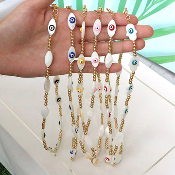 Vlen Boho Turkish Evil Eye Necklace Jewelry for Women Gold Color Beaded Choker Necklaces Natural Shell Lucky Hamsa Hand Collar - Charlie Dolly