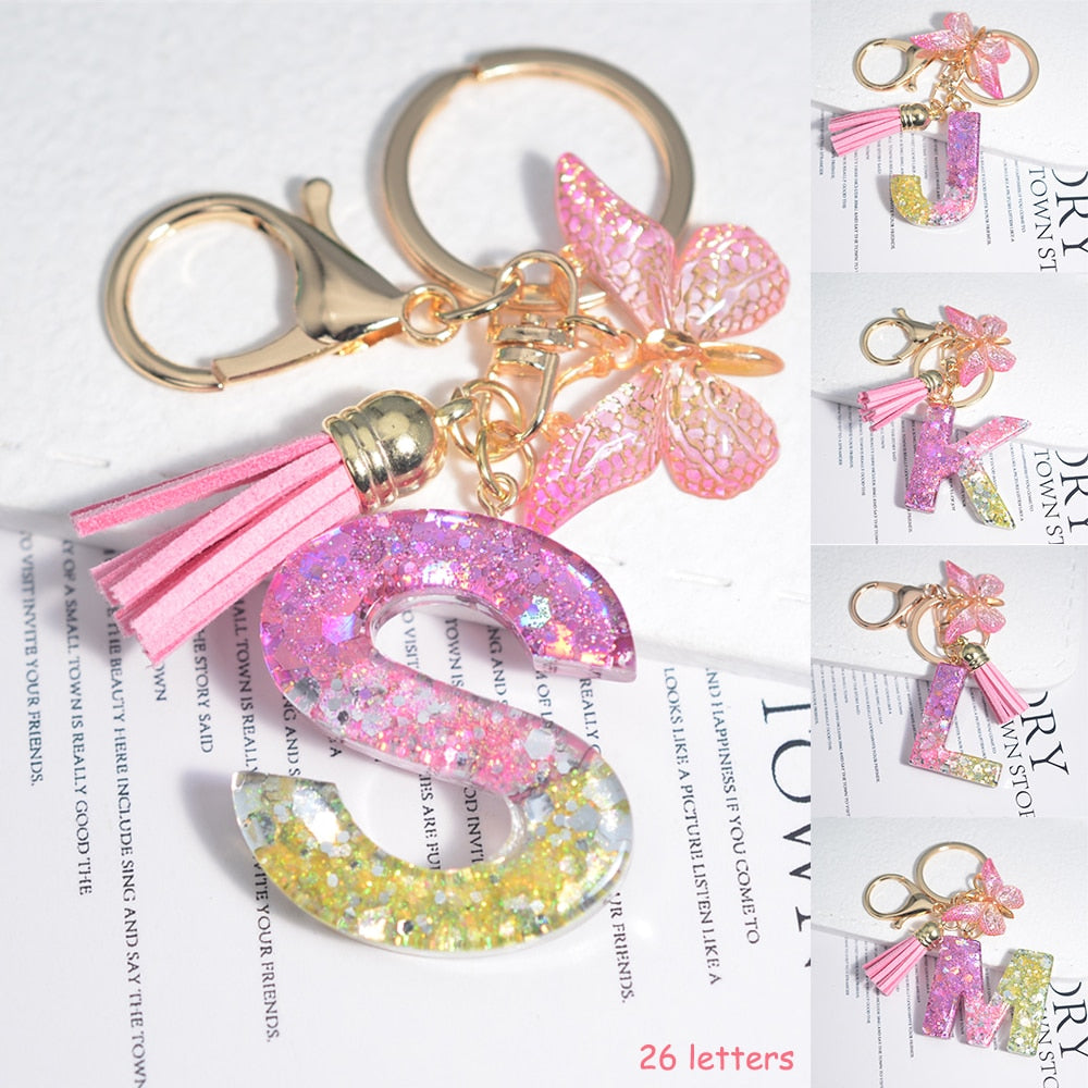 Cute Resin A-Z Initials Letter Keychain Pink Sparkle Butterfly