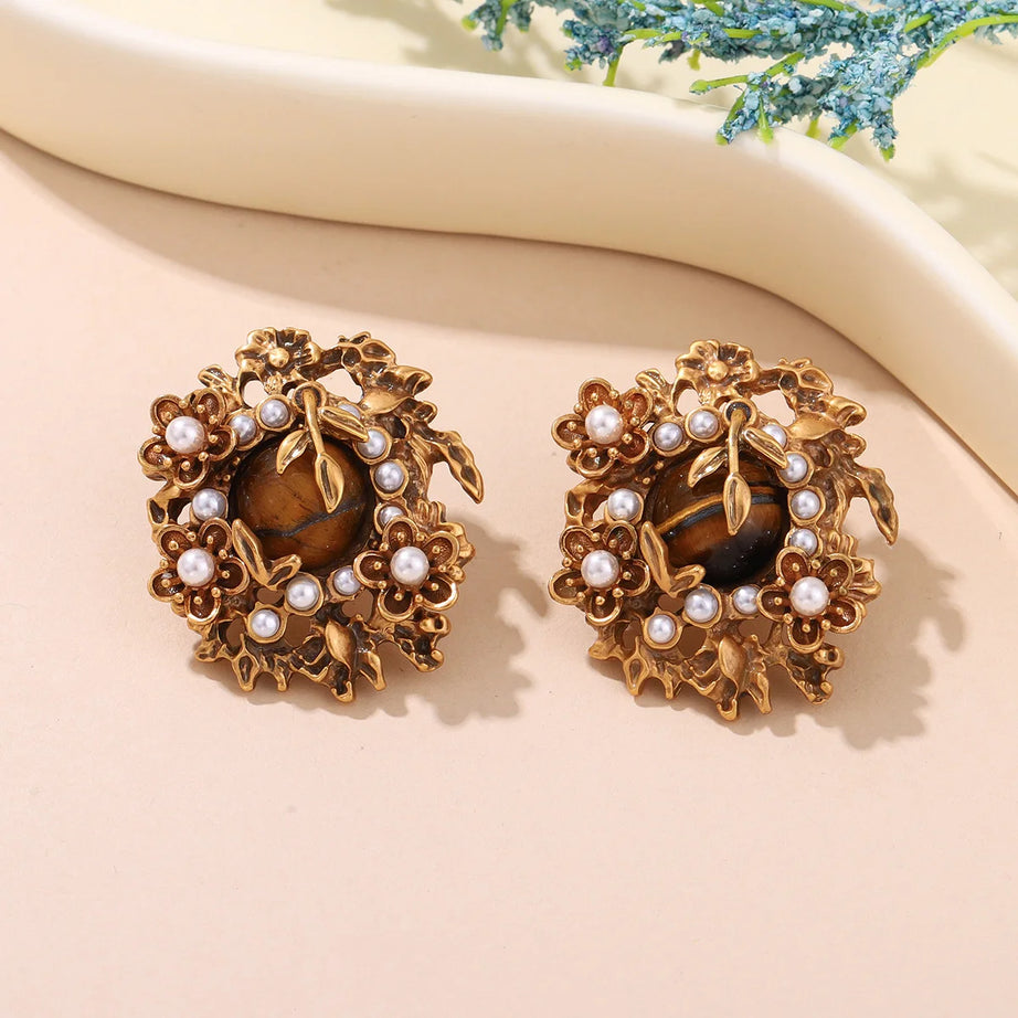 Vintage Bronze Flower Stud Earrings with Natural Tiger Eye / Lapis Lazuli & Pearl Accents - Elegant Women's Jewelry - Charlie Dolly