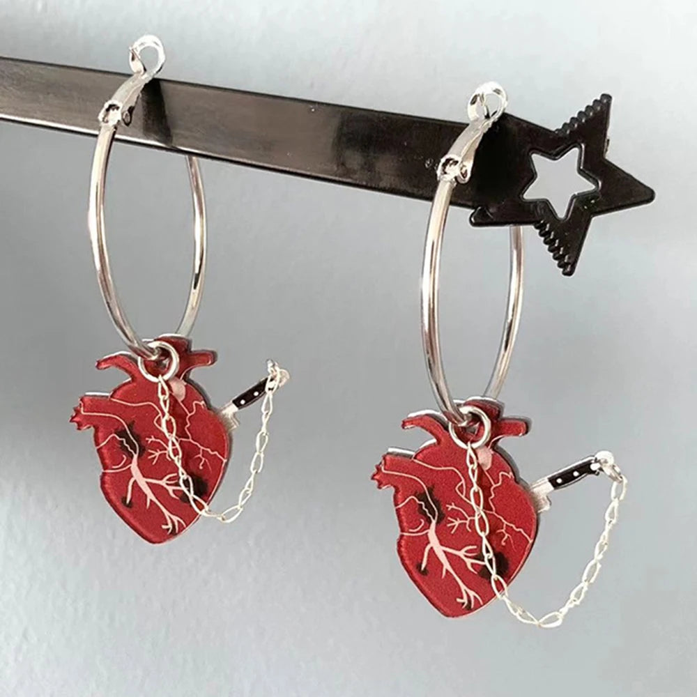 Vintage Gothic Heart Hoop Earrings Knife Inserted into Beating Heart Detachable Earring Chain Halloween Cosplay Women Jewelry - Charlie Dolly