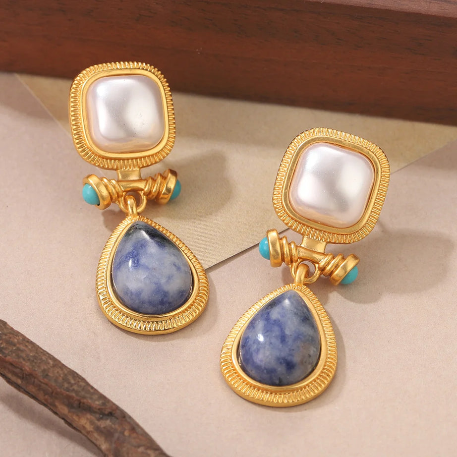 Pearl Blue Stone Square Gold Drop Earrings Jewelry