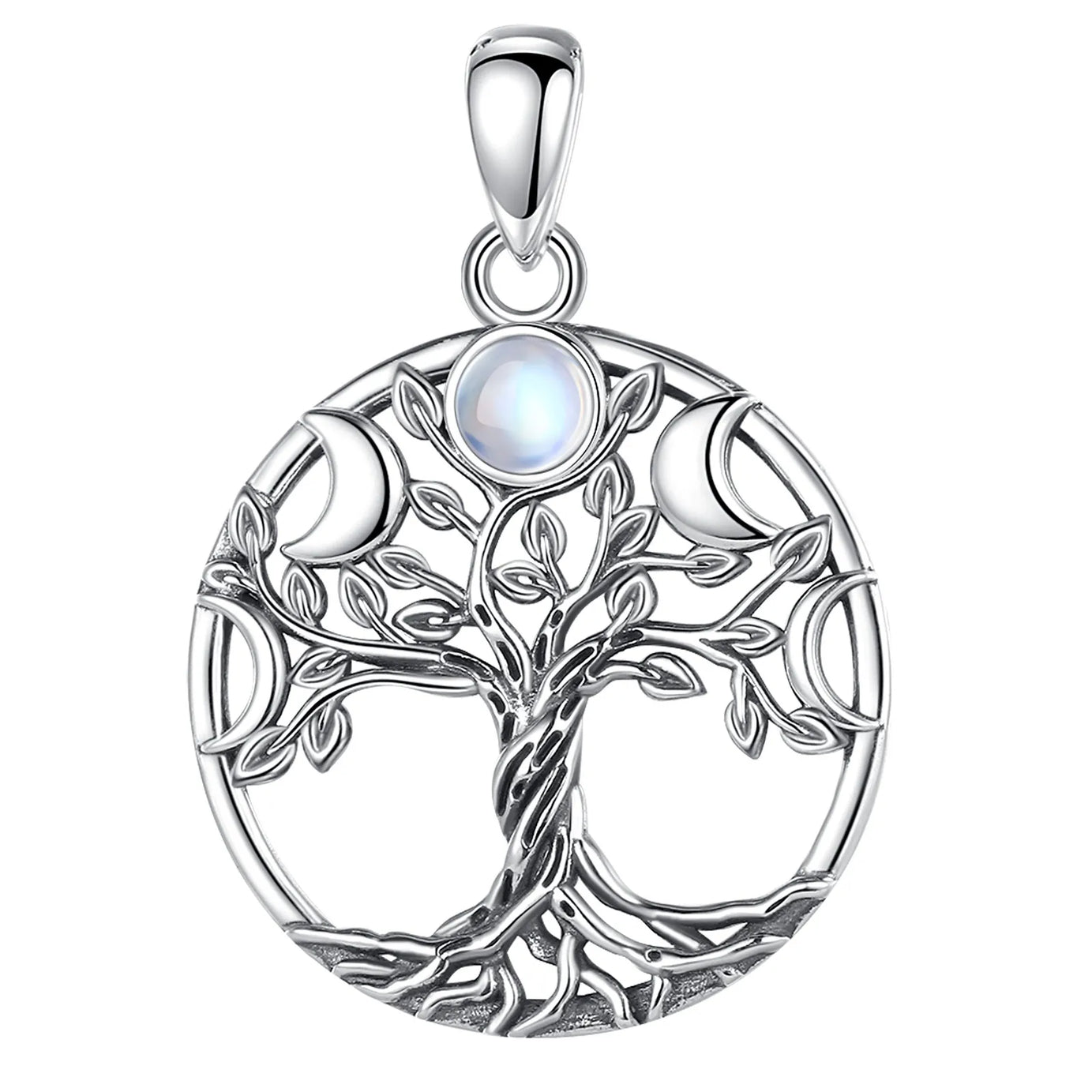 S925 Sterling Silver Tree of Life Moon Phase Necklace, Triple Moon Goddess Moonstone Amulet