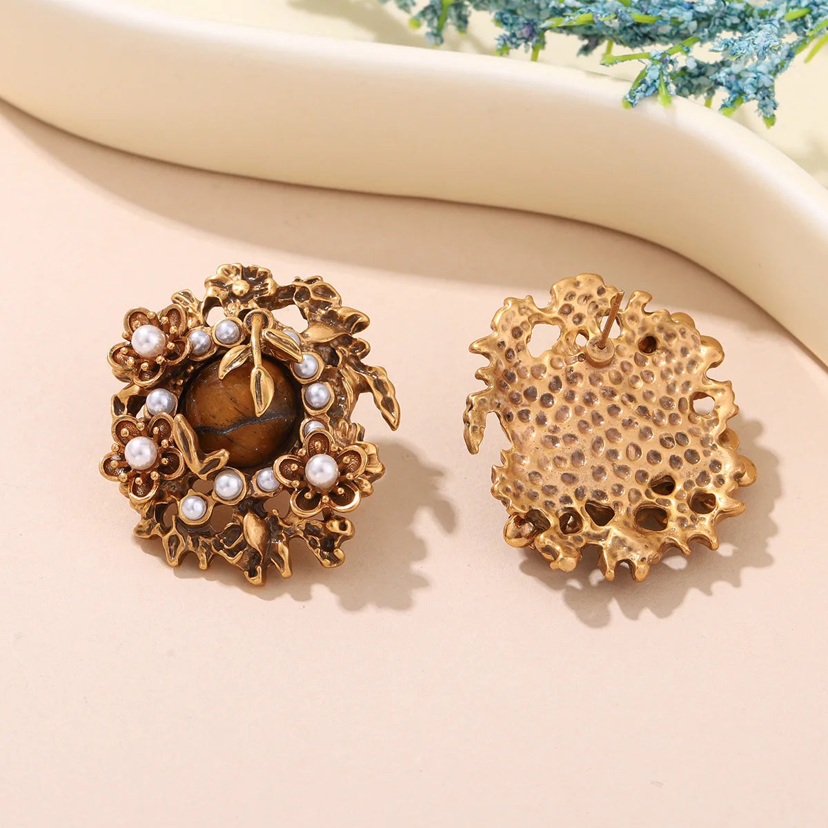 Vintage Bronze Flower Stud Earrings with Natural Tiger Eye / Lapis Lazuli & Pearl Accents - Elegant Women's Jewelry