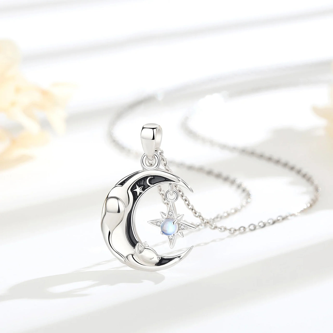Celestial Moon Cat Necklace with Moonstone, S925 Sterling Silver