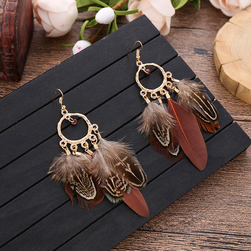 Bohemian Ethnic Round Green Rice Bead Feather Earrings for Women Retro Simple Temperament Dangle Earrings Party Wedding Jewelry - Charlie Dolly