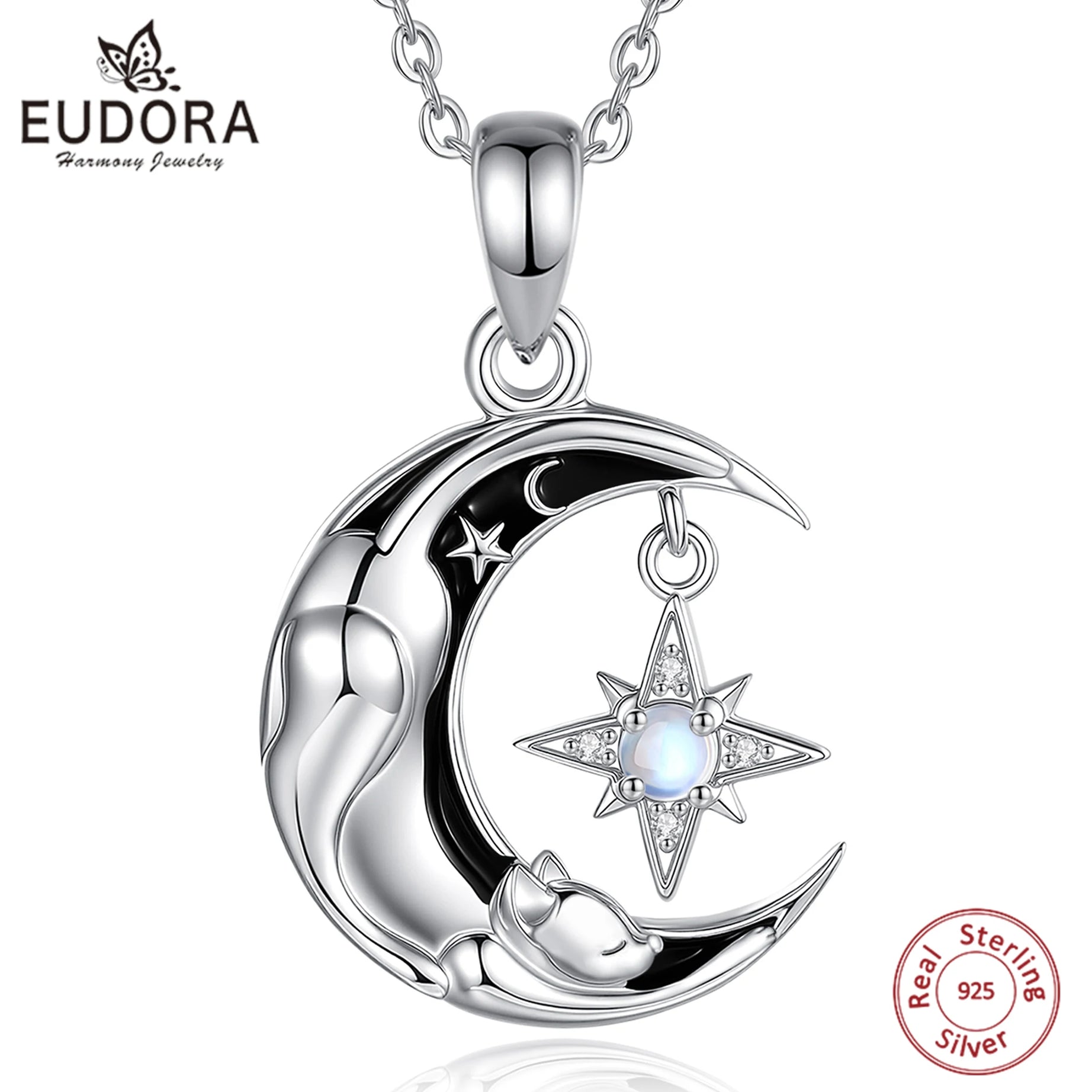 Celestial Moon Cat Necklace with Moonstone, S925 Sterling Silver