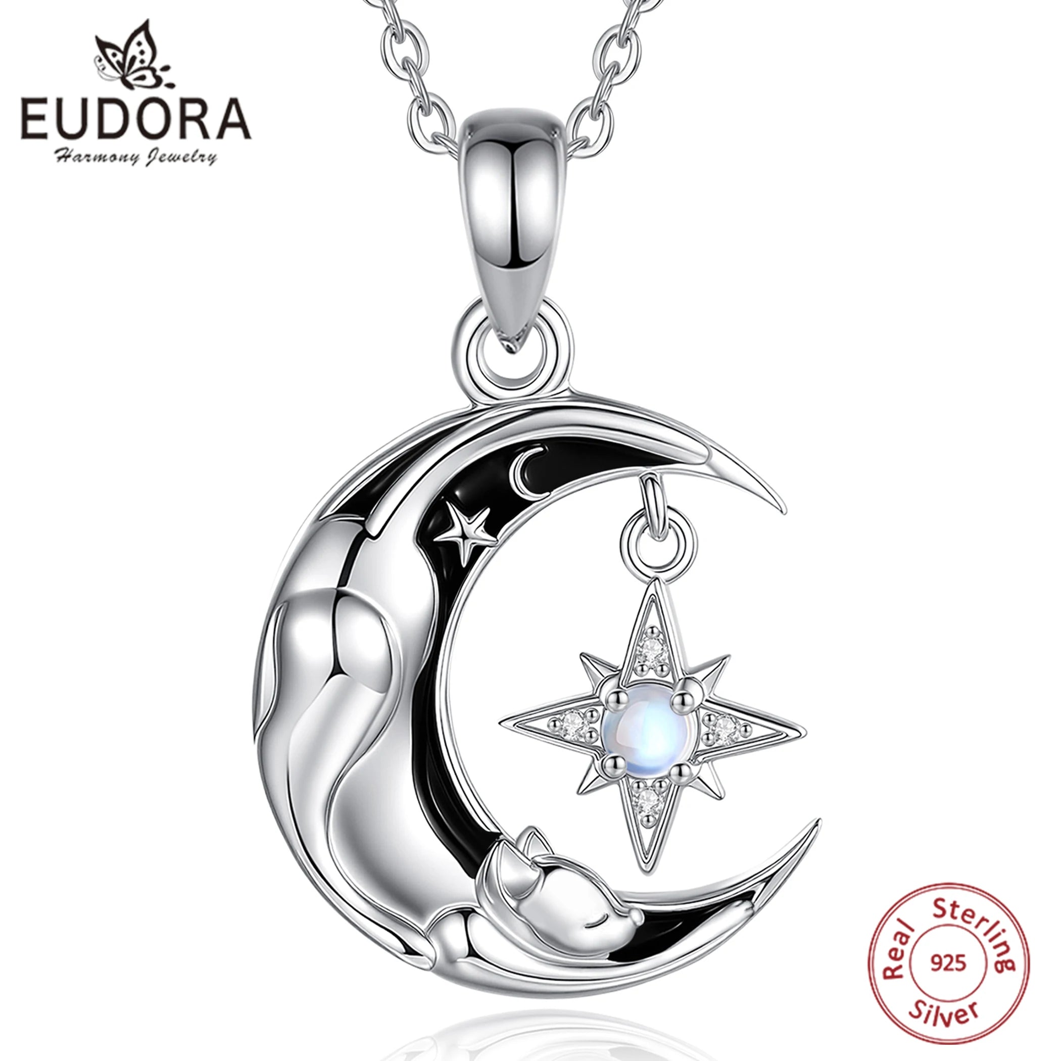Eudora 925 Sterling Silver Celestial Moon Cat Necklace North Star Sleeping Cat Pendant Spiritual Jewelry Gift for Women Men