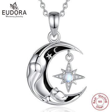 Eudora 925 Sterling Silver Celestial Moon Cat Necklace North Star Sleeping Cat Pendant Spiritual Jewelry Gift for Women Men