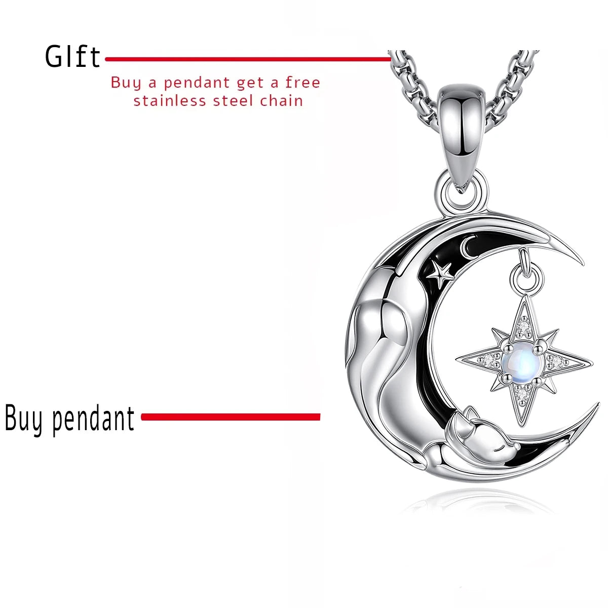 Eudora 925 Sterling Silver Celestial Moon Cat Necklace North Star Sleeping Cat Pendant Spiritual Jewelry Gift for Women Men