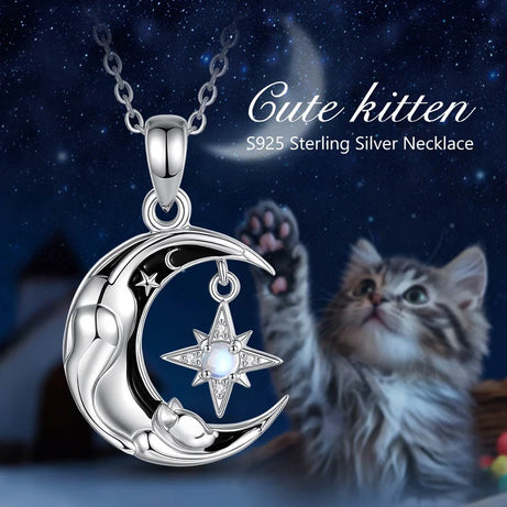 Celestial Moon Cat Necklace with Moonstone, S925 Sterling Silver