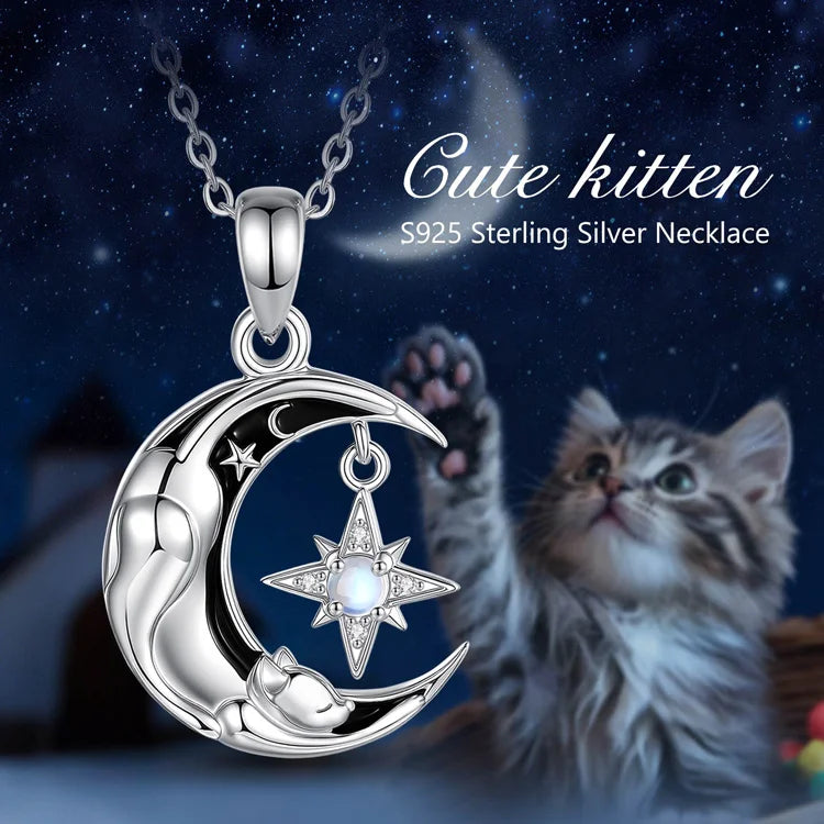 Eudora 925 Sterling Silver Celestial Moon Cat Necklace North Star Sleeping Cat Pendant Spiritual Jewelry Gift for Women Men