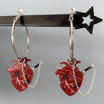 Vintage Gothic Heart Hoop Earrings Knife Inserted into Beating Heart Detachable Earring Chain Halloween Cosplay Women Jewelry