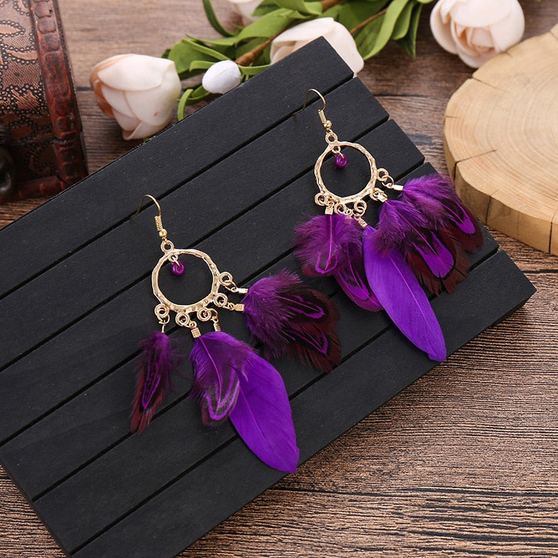 Bohemian Ethnic Round Green Rice Bead Feather Earrings for Women Retro Simple Temperament Dangle Earrings Party Wedding Jewelry - Charlie Dolly