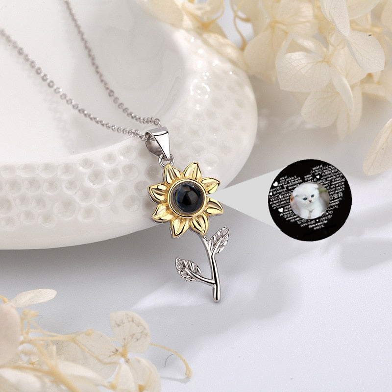 925 Silver Personalized Photo Projection Necklace Gold Petal Sunflower Flower Pendant Customized Photo Jewelry For Women - Charlie Dolly