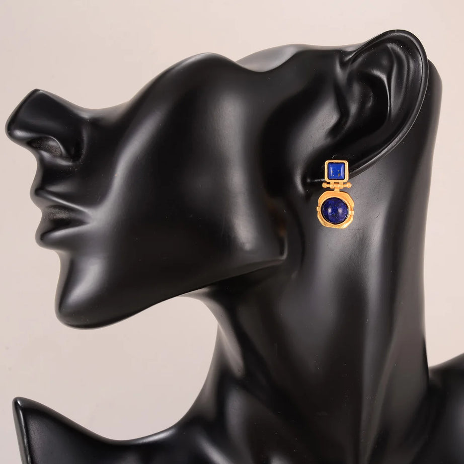 New Vintage Gold Plated Lapis Lazuli Drop Earrings for Women, Fashion Blue Stone Geometric Dangle Earrings Jewelry Gift - Charlie Dolly