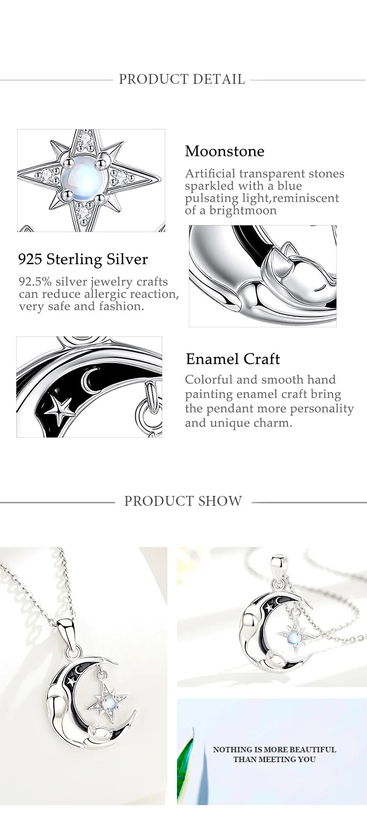 Eudora 925 Sterling Silver Celestial Moon Cat Necklace North Star Sleeping Cat Pendant Spiritual Jewelry Gift for Women Men